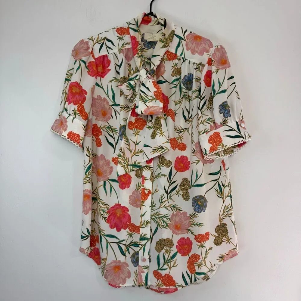 Kate Spade Blossom Floral Tie Neck Blouse S